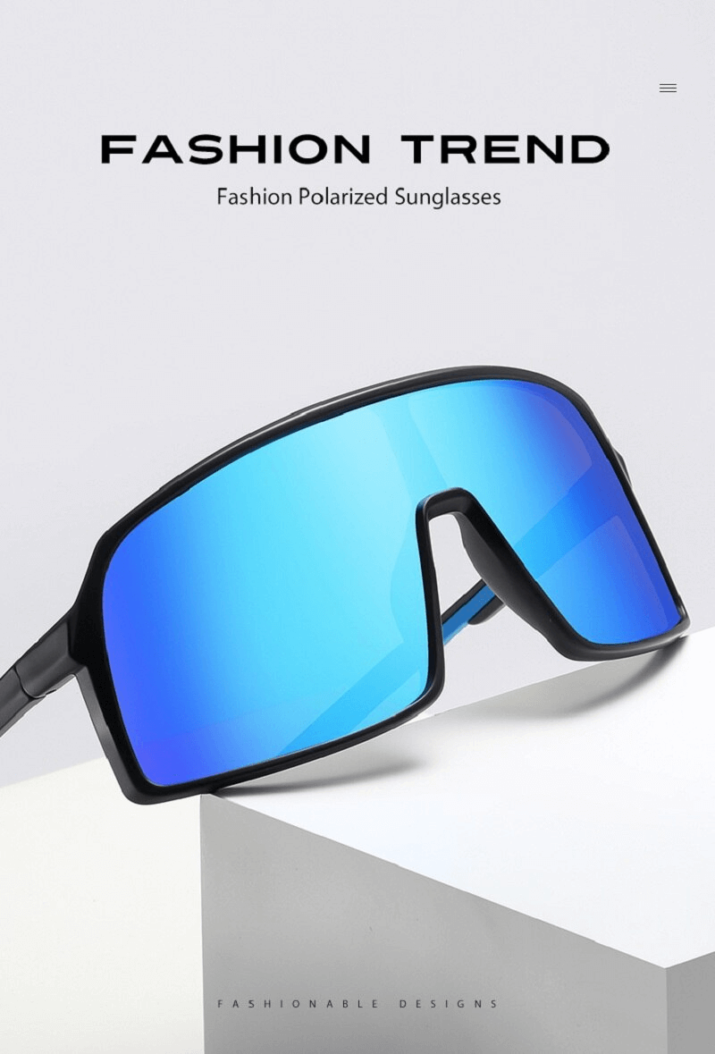 Trendy blue polarized sports sunglasses with windproof big frame for men and women, featuring UV400 protection.